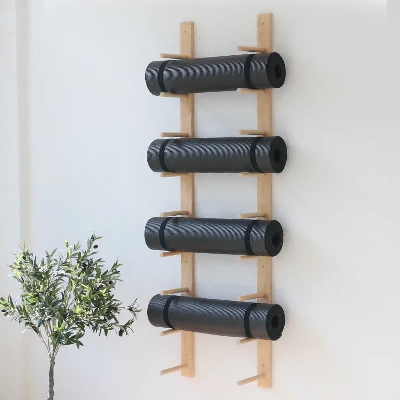 Solid Wood Yoga Mat Storage Organizer Fitness Equipment Wall Shelf Foam Shaft Yoga Studio Storage Stand Pilates Multilayer Rack