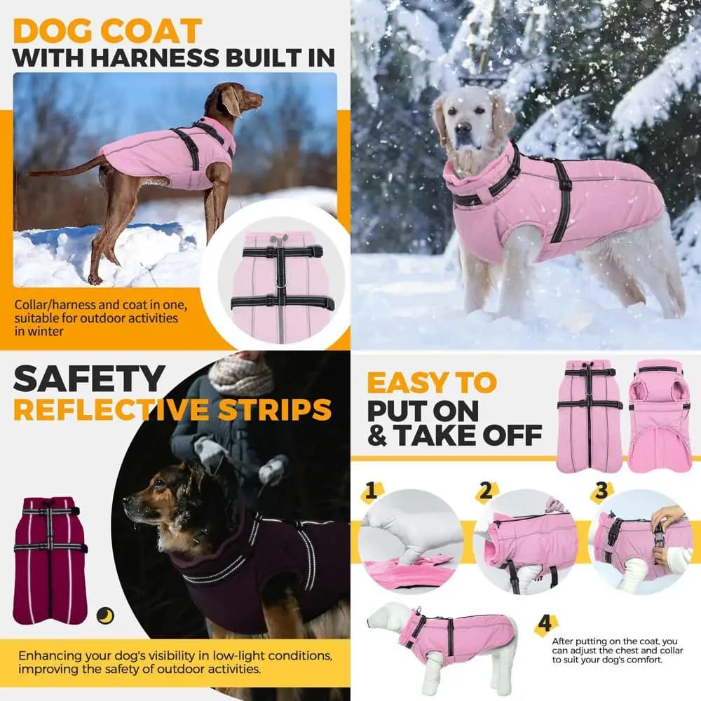 Giacca invernale per cani di grandi dimensioni riflettente impermeabile rosa con imbracatura incorporata e dolcevita accogliente per Great Dane, 3XL