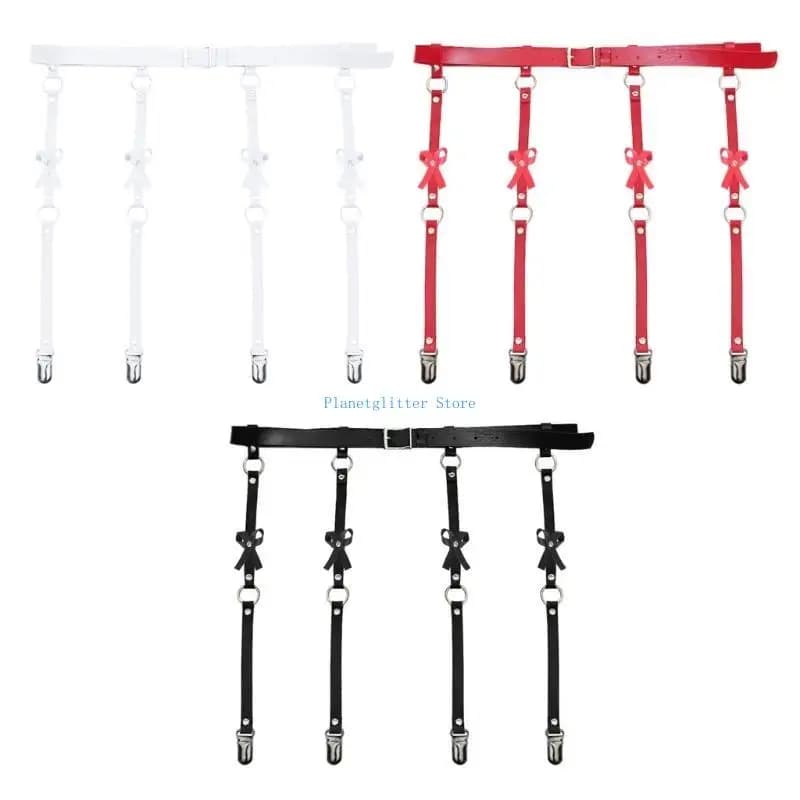 652B Metal Clip Garters for Women Bowknot PU Leather Adjusted Waist Garter Belt