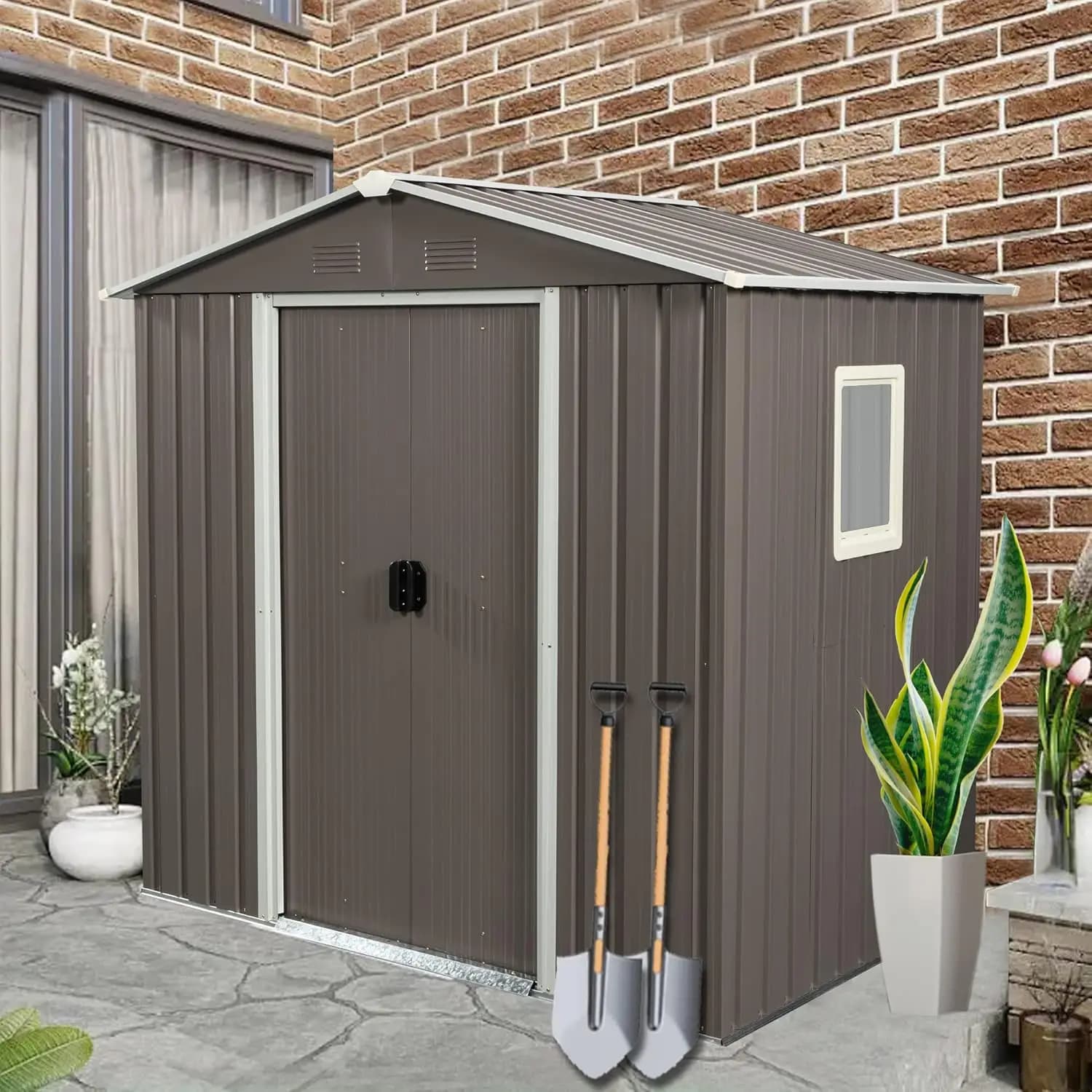 6x5 ft Outdoor Metal Storage Shed with Floor Foundation and Window, Lockable Galvanized Steel Tool Shed with, Customized