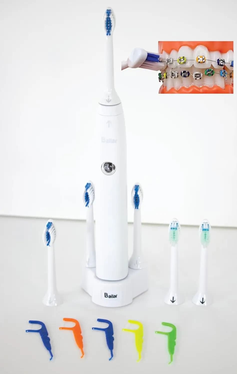 Spazzolino Elettrico Ricaricabile per Apparecchi Ortodontici con 4 Testine e 2 Spazzolini per la Cura Post-Trattamento