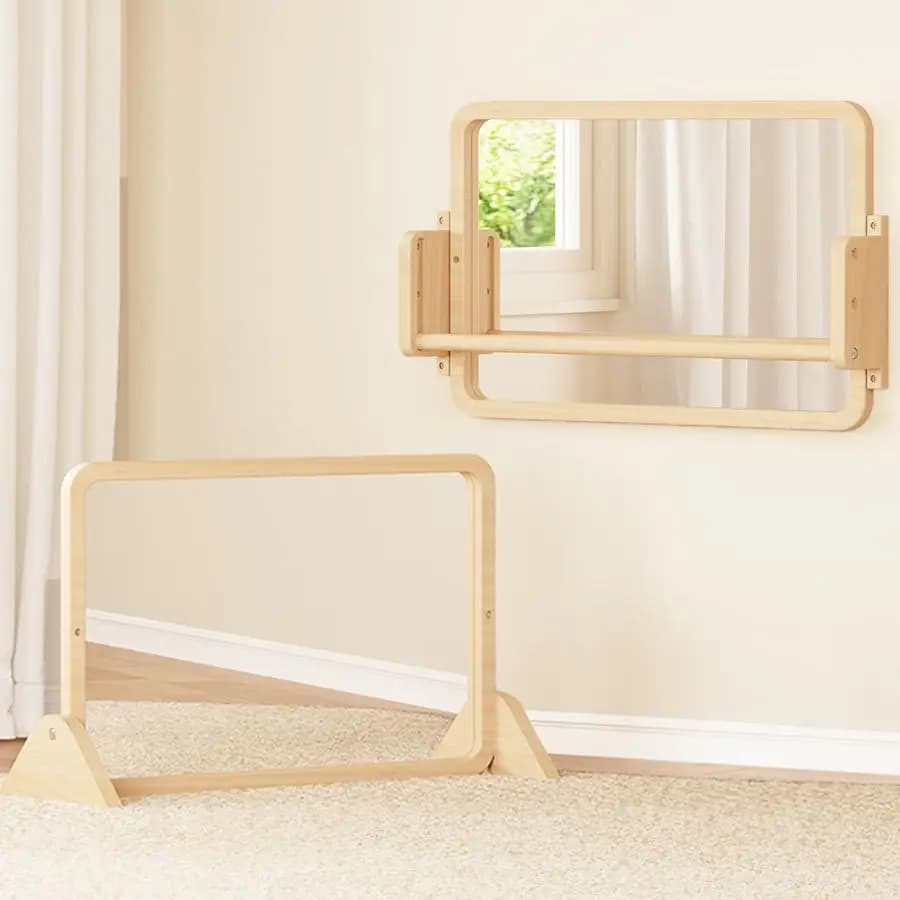 Mirror Montessori 3 in 1 with bar, adjustable mirror for children and traction bar, educational toy Montessori for babies from 6 to 18 months, room
