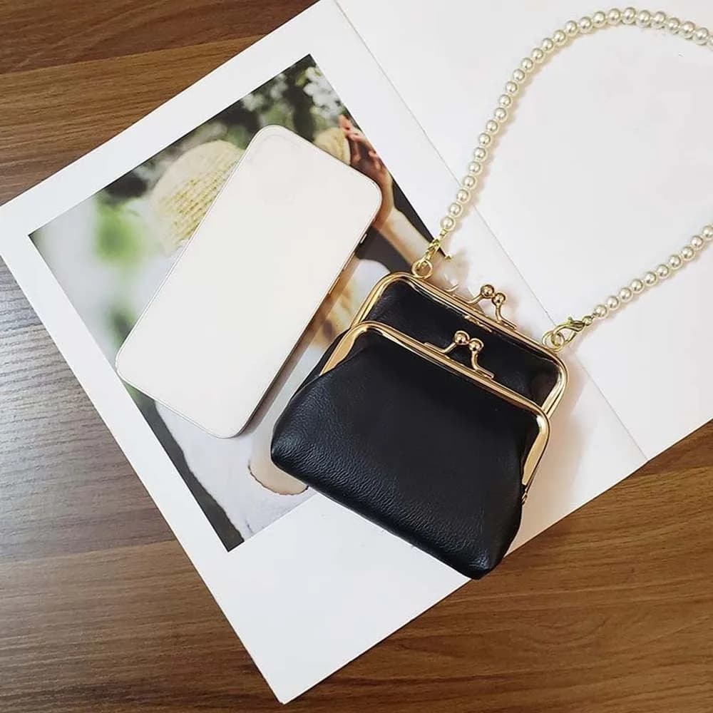 Elegant Kiss Lock Shoulder Bag 2 In 1 Mini Pearls Chain Crossbody Bag Anti-splash Water Large Capacity Detachable Coin Purse