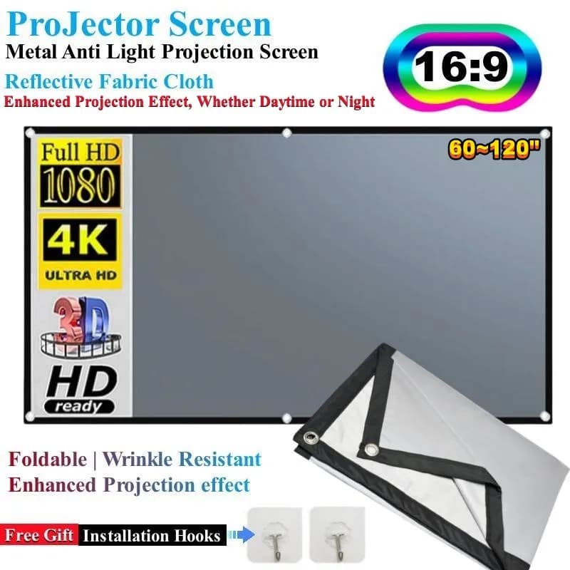 Schermo per proiettore 16:9 Schermo di proiezione portatile in metallo anti-luce 60~120" Schermo in tessuto riflettente per viaggi diurni e notturni a casa