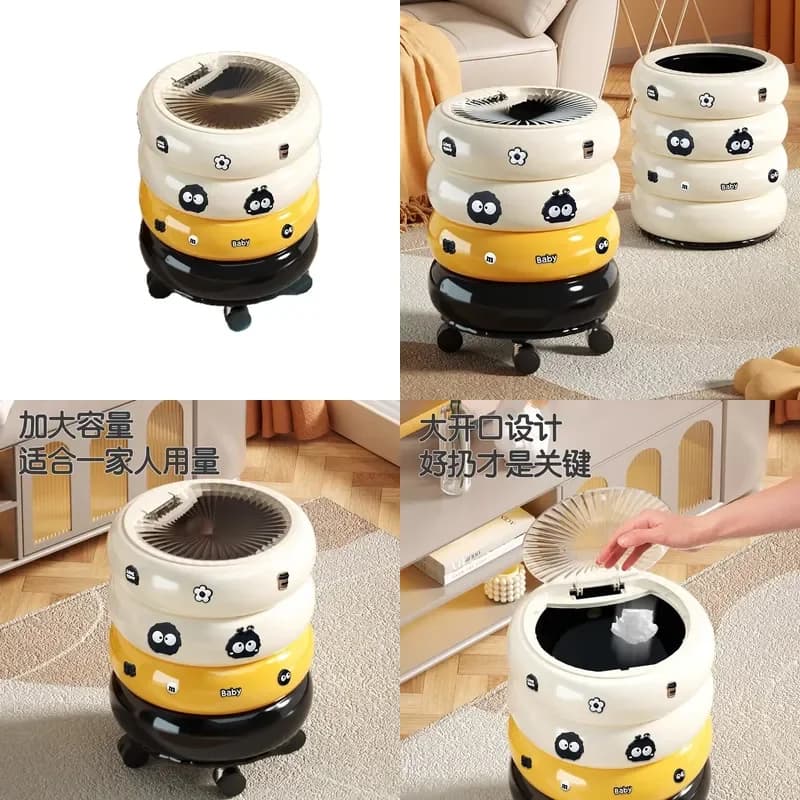 Cream Press Type Trash Can with Lid Removable Waste Bin for Kitchen Living Room Modern Home Sanitary Bucket