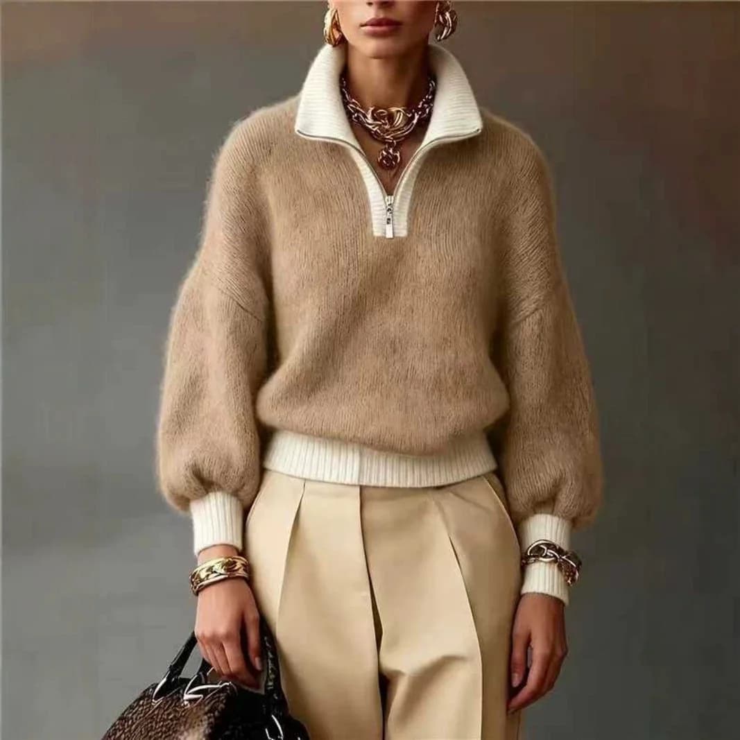 Y2k Fashion Contrasting Colors Sweater Female Autumn Winter Loose Zipper Half Open Knitted Pullover Lady Warm Versatile Sweaters