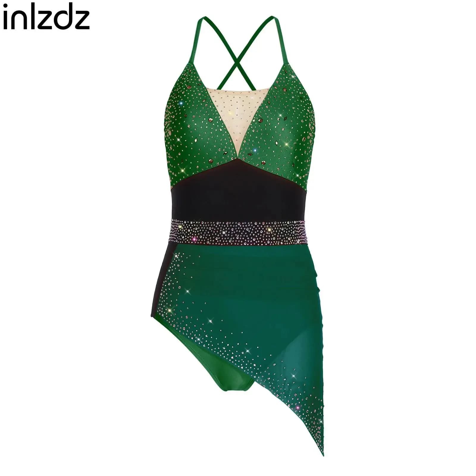 Body da Pattinaggio Artistico per Donna, Ginnastica, Danza Lirica e Latina, con Strass e Inserti in Rete Irregolare, Modello Sling