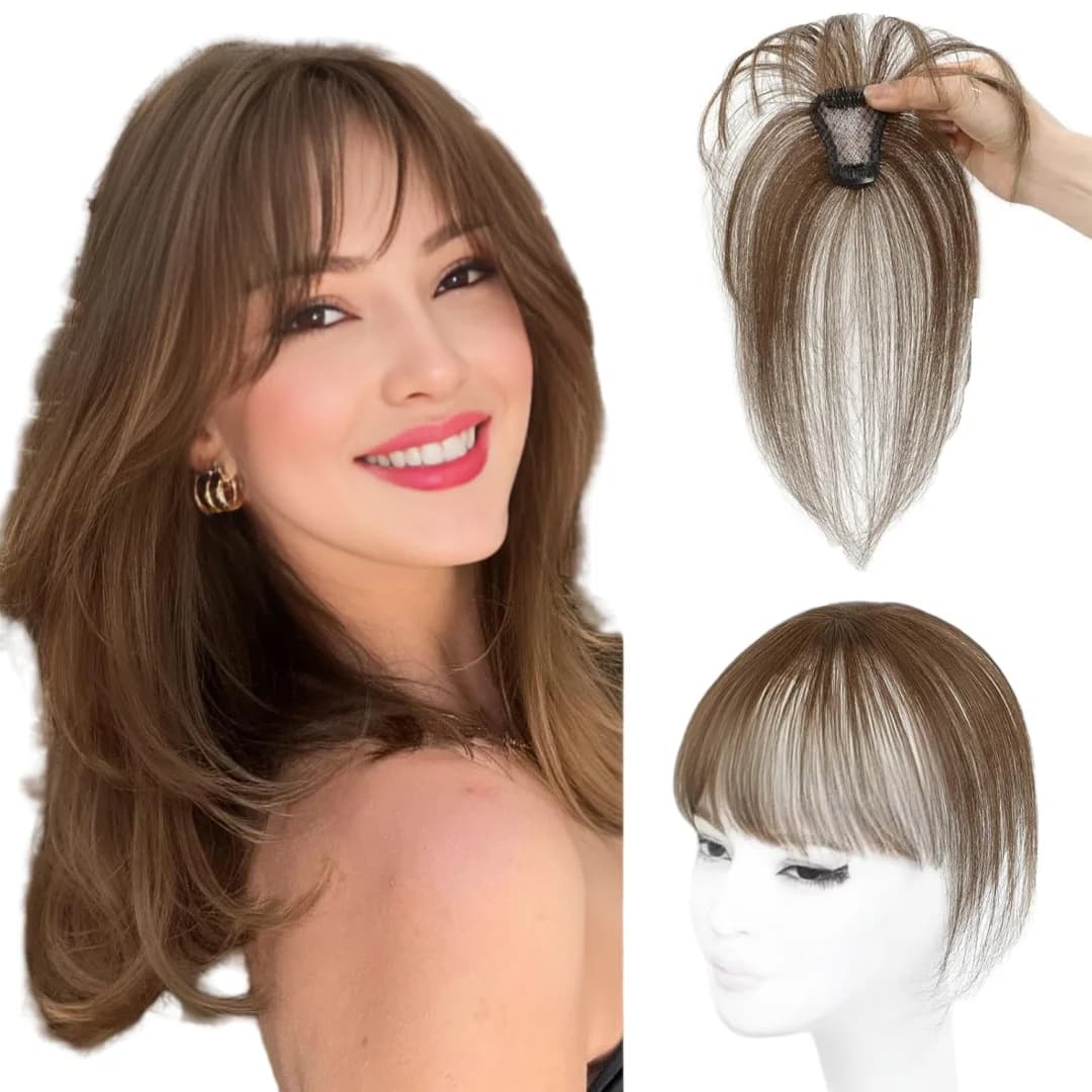 Frangia invisibile per capelli umani per donna 4x6 cm Base in pizzo svizzero Posticci marroni Toppers Clip nelle estensioni dei capelli umani