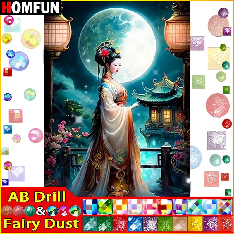 HOMFUN Fairy Dust AB Diy Full Square Round Drill 5D Diamond Painting Diamond Embroidery "Portrait Beauty Moon" Home Decor Gift