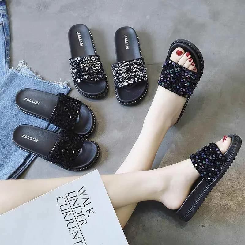 Wet Sandals for Beach Women's Thick Heel Diamond Embedded Washable Slippers Comfortable Summer Sandals Trendy Flip Flops