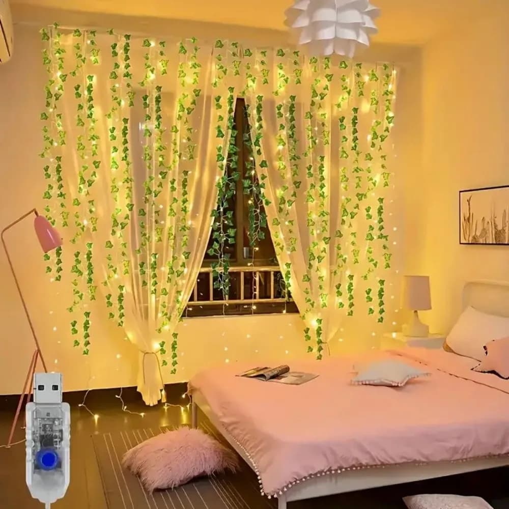 1PC 3M100LED8 modalità USB stringa di luce per tende a foglia di edera artificiale, luce bianca calda, adatta per pareti esterne del giardino, balconi