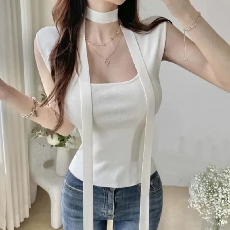 Korean Style Women's Knitted U-Neck Top Neck Hanging Belted Slim Fit Sexy Chest Enhancing Elastic T-Shirt Pullover Fashionable