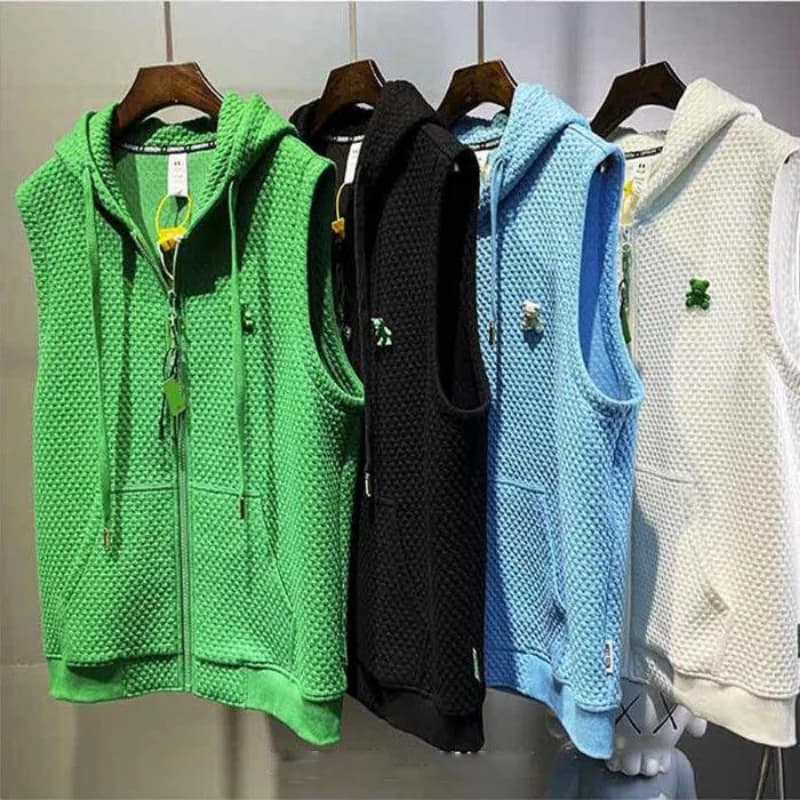 Gilet Jacquard da Uomo Estivo con Cappuccio, Maglia Senza Maniche Sportiva, Gilet con Cerniera e Tasche, Top con Coulisse