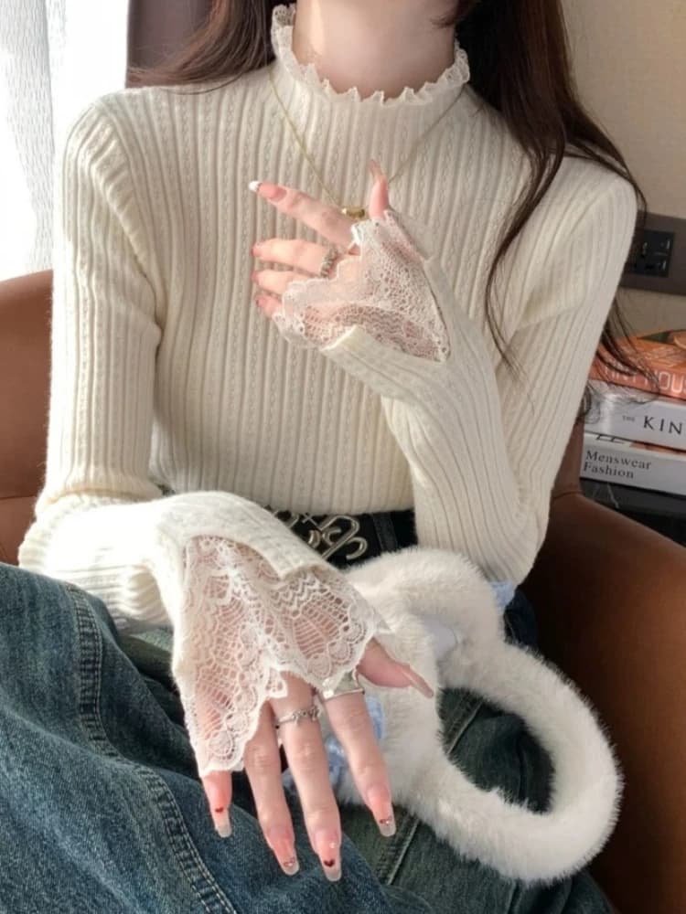 2026 Autumn Winter Turtleneck Skinny Elastic Knitted Pullovers Women Solid Tops Female Long Sleeve Knit Patctwork Lace Sweater