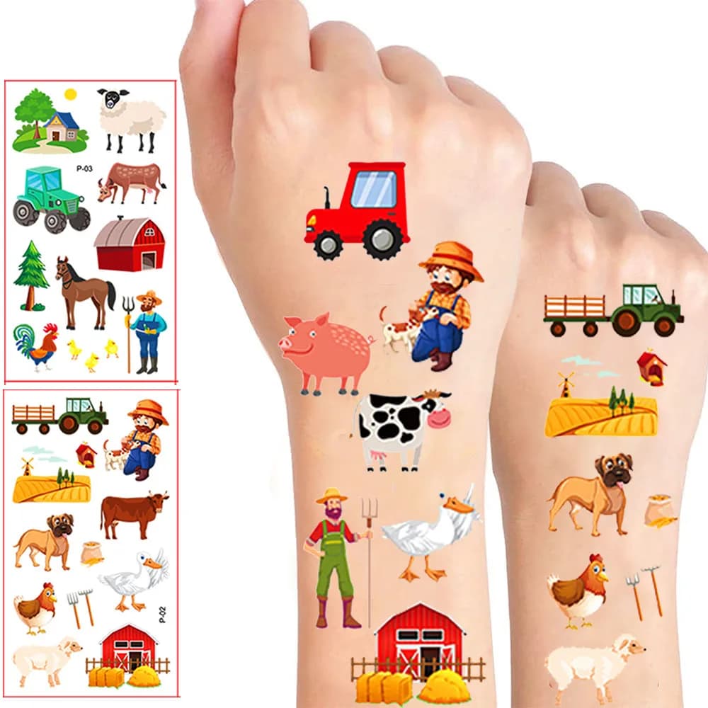 10 sheets Farm Party Temporary Tattoos Barnyard Animals Cow Horse Tractor Sheep Chick Tattoo Stickers Farm Animal Party Favors