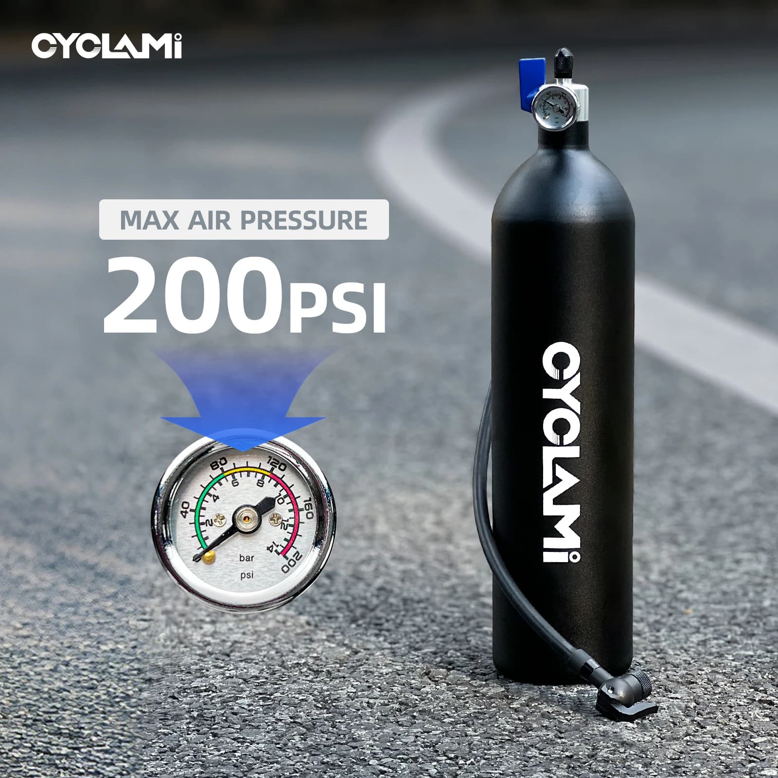 Gonfiatore per pneumatici tubeless CYCLAMI, bombola d'aria compressa da 200 PSI con barometro per pneumatici da strada e MTB