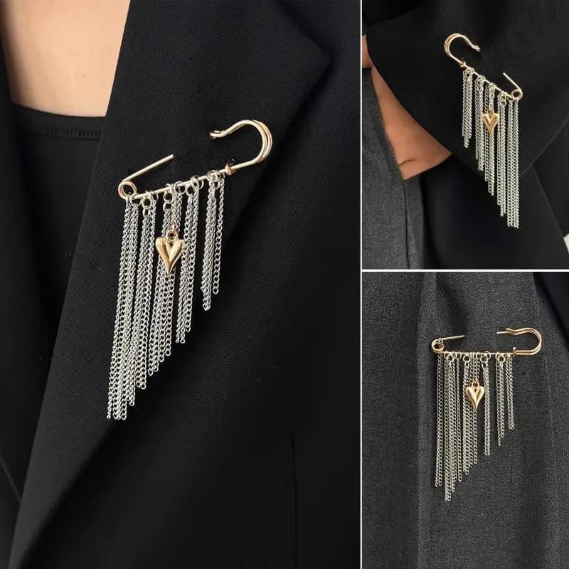 Minimalist Elegant Tassel Chain Heart Brooch Safety Pin Decorative Lapel Pin For Suit Jacket Sweater Clothing Jewelry Accessor