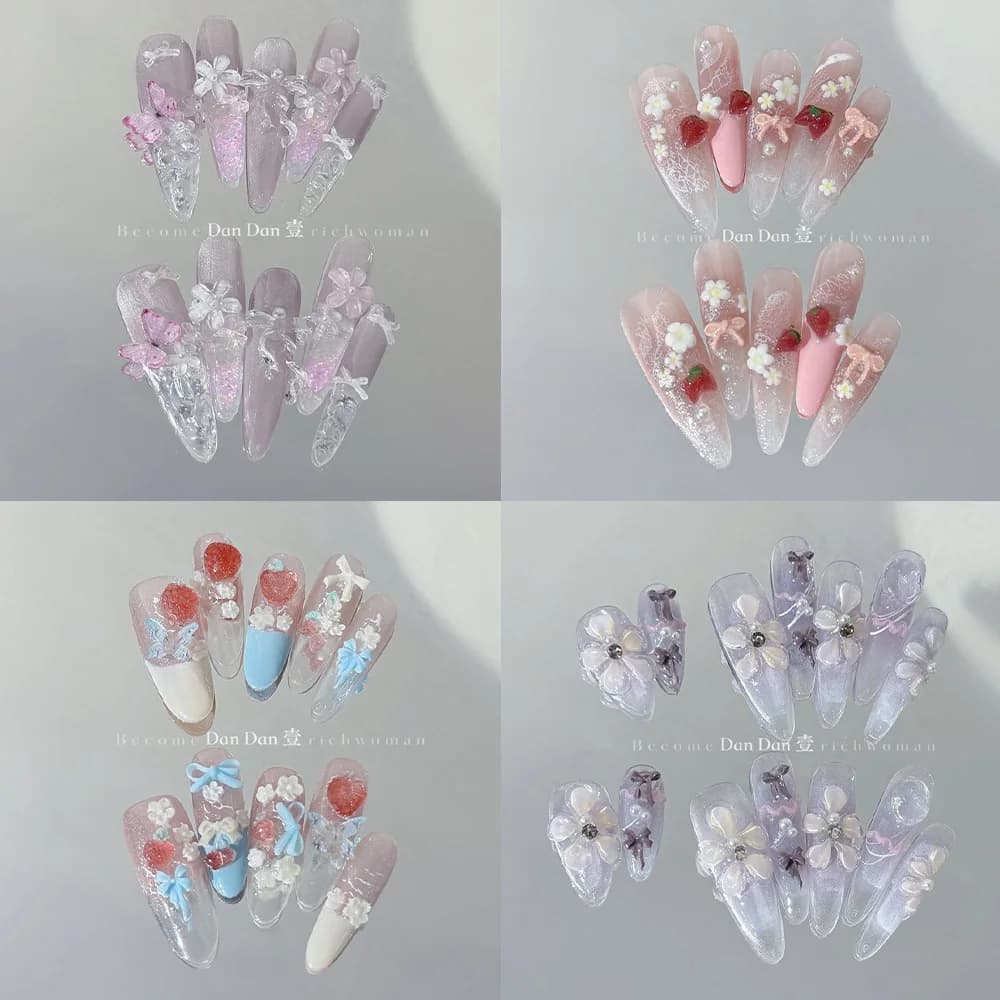 Sweet Princess French Shining Bowknot Flower Long Almond Nail Patch 3D Diamond Pearl Puppy Strawberry Fake Nail Party Stickers