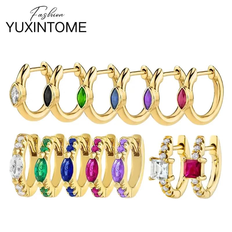 925 Sterling Silver Needle Colorful Crystal Hoop Earrings Women's Exquisite Horse Eye/Square Gold Earrings Party Fashion Jewelry