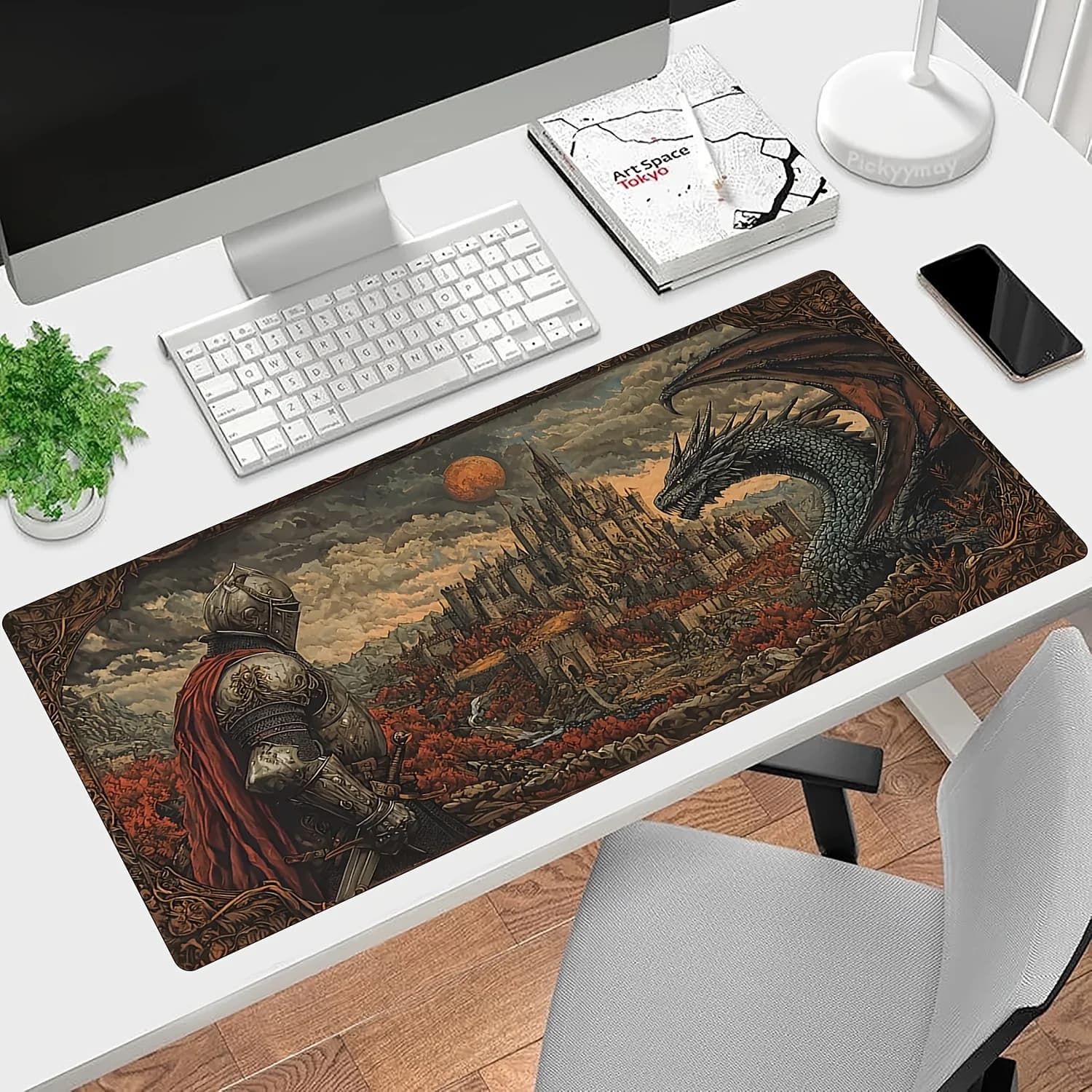 Tappetino per mouse da gioco grande castello gotico, cavaliere castello medievale con drago, accessori da gioco, ottimo per le impostazioni dell'ufficio e del gioco