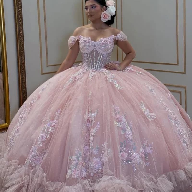 Abito Quinceanera rosa lucido con decalcomania con spalle scoperte Fiore 3D Tull Pizzo stratificazione di cristalli abiti da 15 Quinceanera Personalizzato