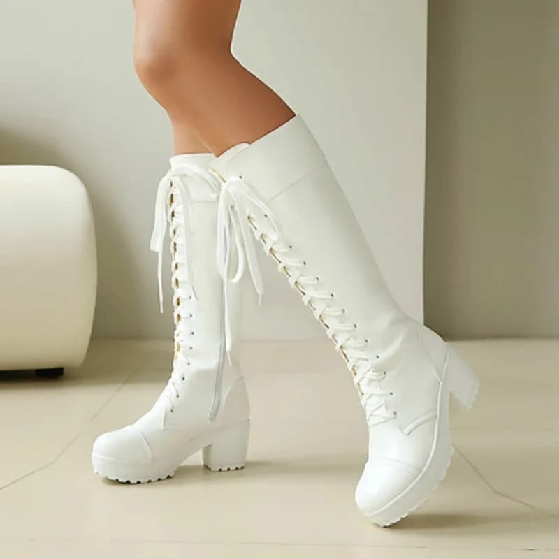 High combat boots with laces for women's knee Gothic boots with big plateau Strong cuts 34-48