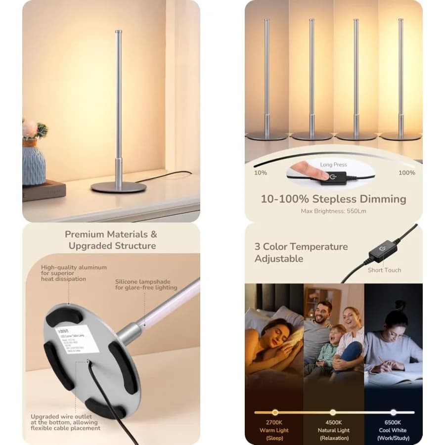 Lampada da Tavolo LED Aggiornata, Lampada da Comodino Dimmerabile a 3 Temperature di Colore, Lampada Moderna per Comodino, Lampada da Scrivania per Camera da Letto