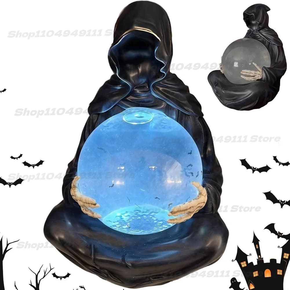 Luci a sfera di cristallo di Dio della morte Gotico Movimento liquido Acqua Glitter Luce a LED Grim Reaper Globo d'acqua Decorazioni per la casa di Halloween