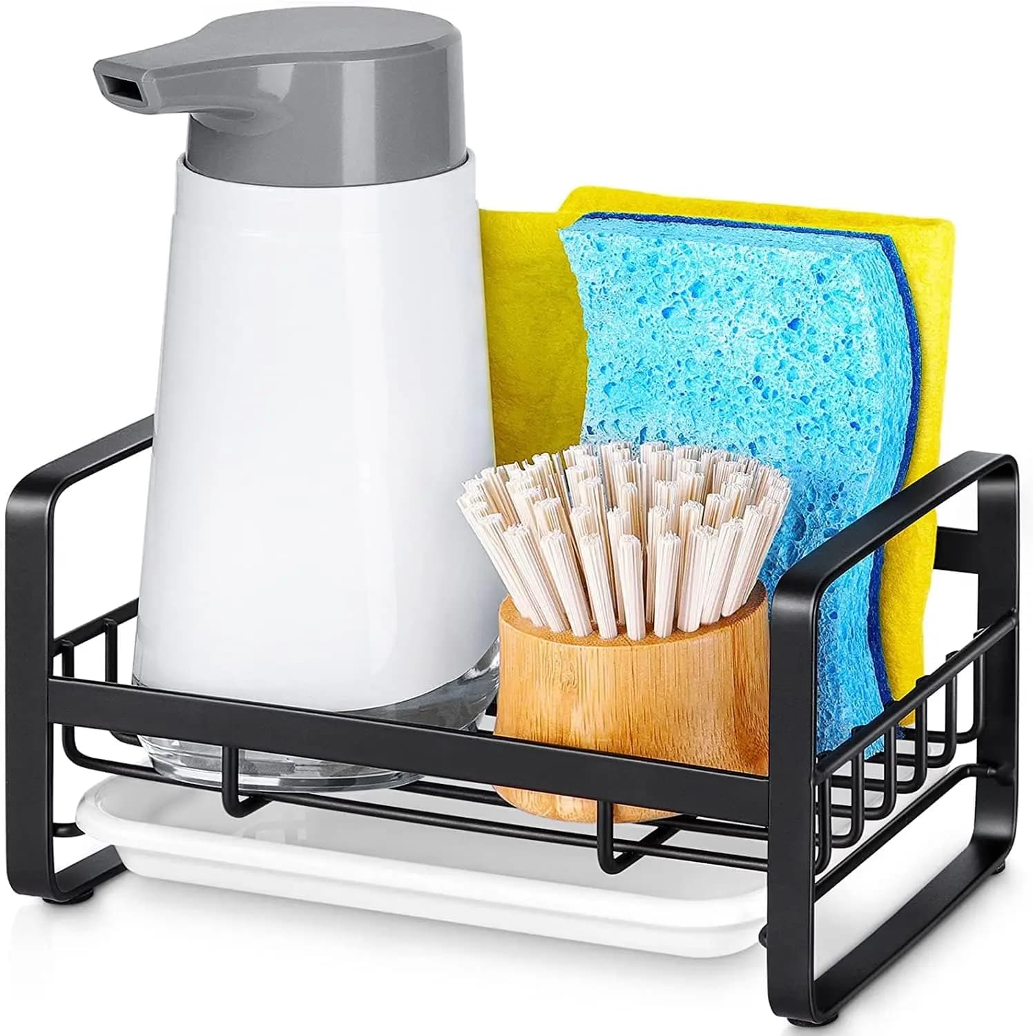 Dispenser di Sapone da Cucina in Acciaio Inox 304 con Vassoio di Drenaggio Rimovibile, Nero