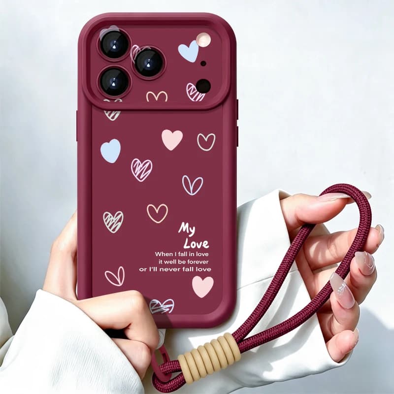 Wrist Strap Lanyard Phone Case For iPhone 18 17 Pro Max 17e 16e 16 14 15 Pro 12 13 Pro Max 11 Love Hearts Printed Soft TPU Cover