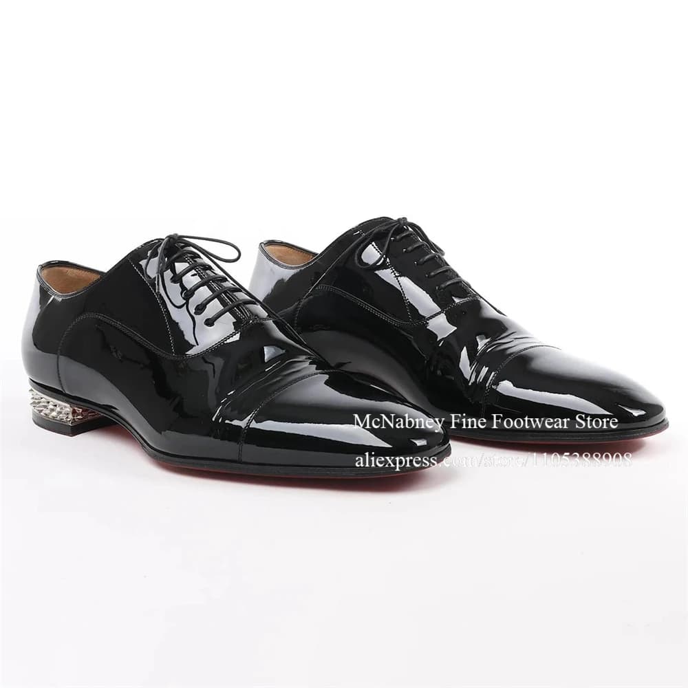 Patent Leather Oxford Shoes Black Lace up Cap Toe Metallic Spiked Heel Elegant Office Men Dress Wedding Shoes for Dailywear
