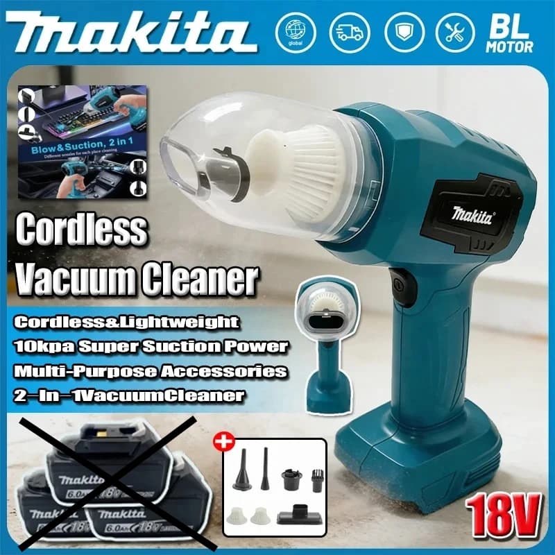 Mini car vacuum cleaner Makita, multifunctional, portable, rechargeable, for dust collection, compatible with Makita 18V and 20V batteries.