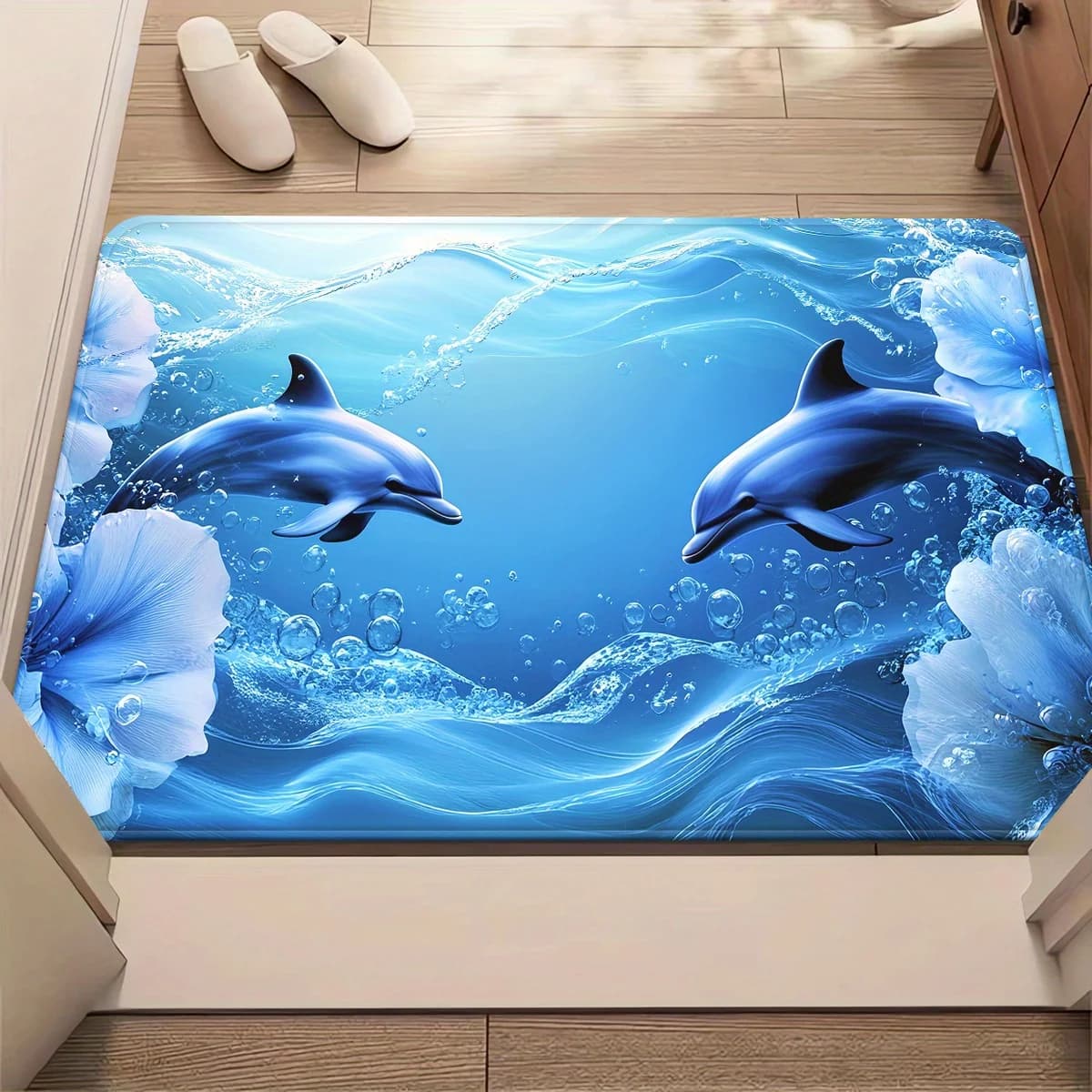 2D Flat Blue Dolphins Swimming Ocean Waves Flannel Bath Mat Non Slip Marine Life Rug For Bathroom Kids Room Floor Decor