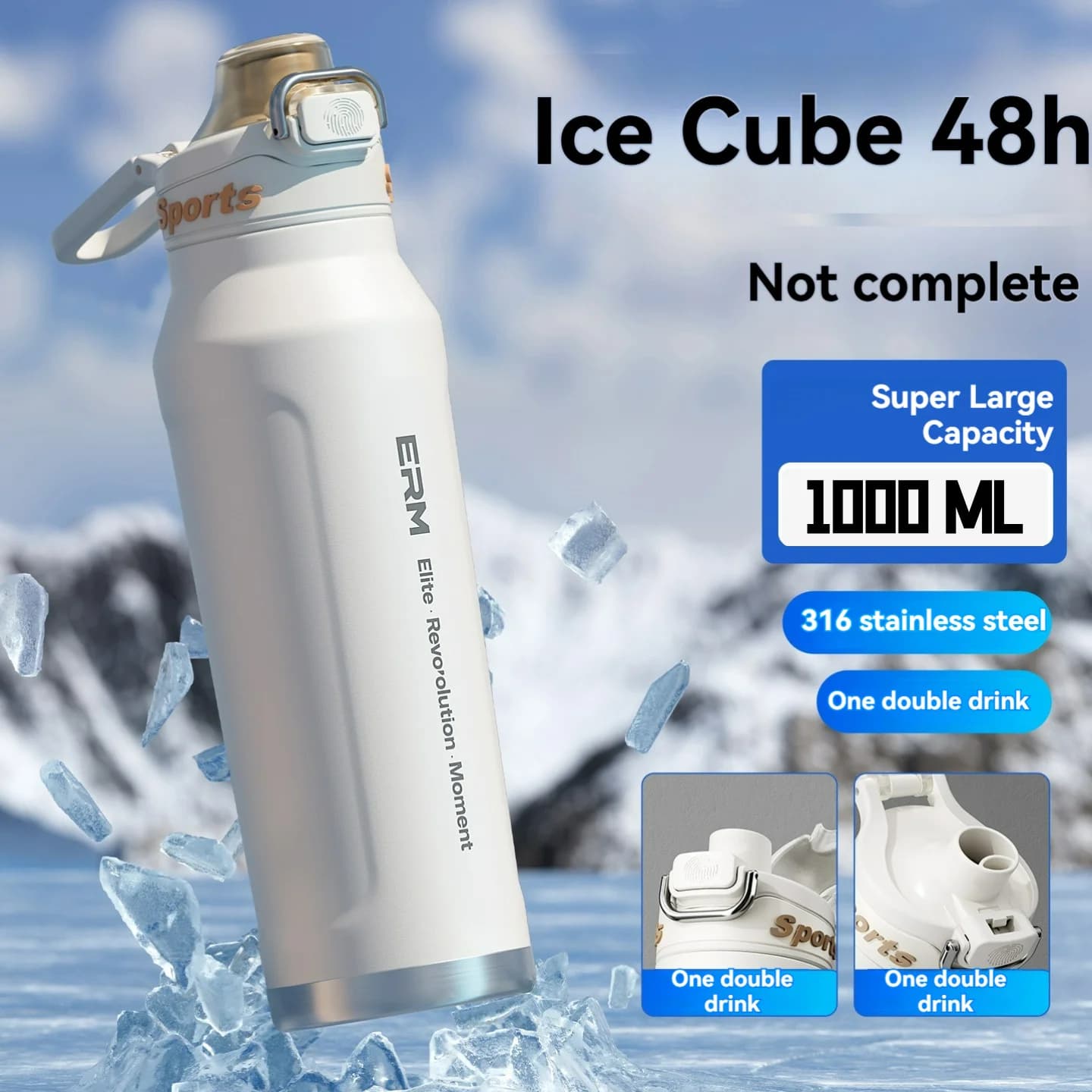 Bottiglia thermos da 1 litro in acciaio inossidabile, tazze ghiacciate e termicamente, escursionismo, ciclismo, fitness, boccette sottovuoto con manico