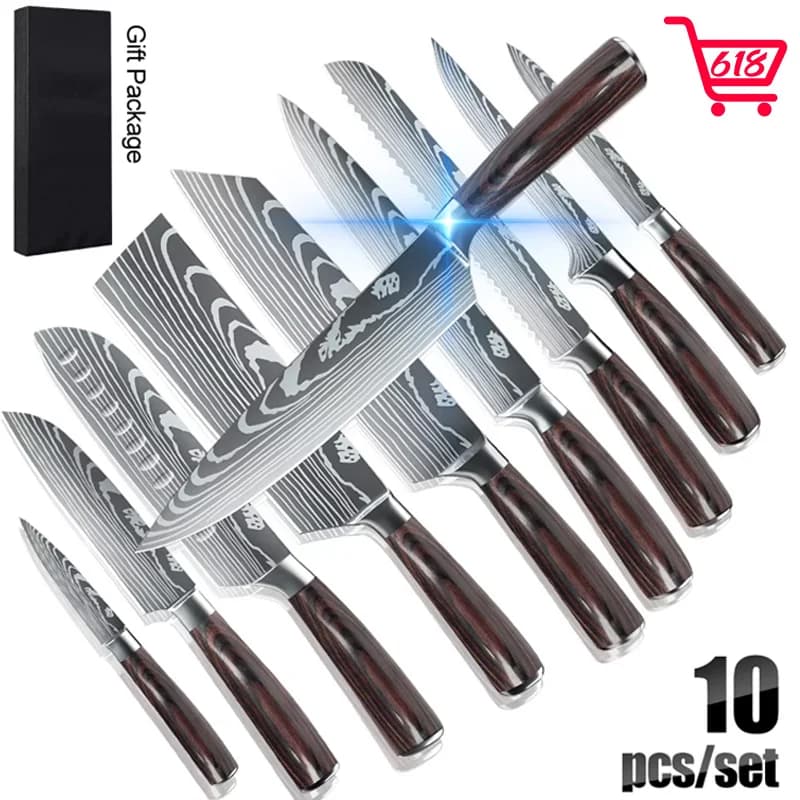 MDHAND 8/10 pz Regalo Coltelli Da Cucina Set Laser Damasco Modello Coltello Da Chef Ad Alto Tenore di Carbonio In Acciaio Inox Affilato Coltello Per Affettare Frutta