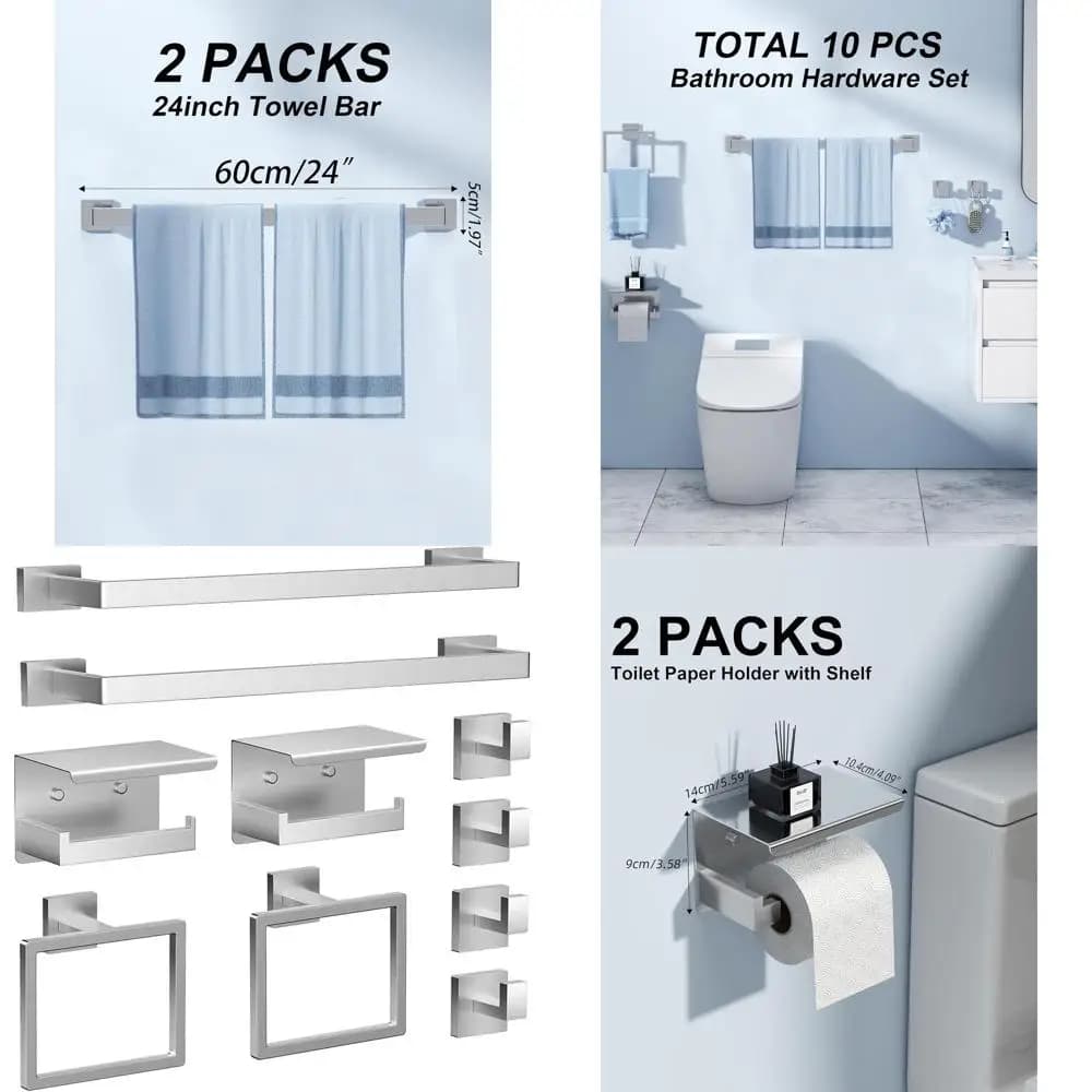 Set di accessori per il bagno in acciaio inossidabile al nichel spazzolato da 10 pezzi con portasciugamani, porta carta igienica, anelli e ganci per accappatoio