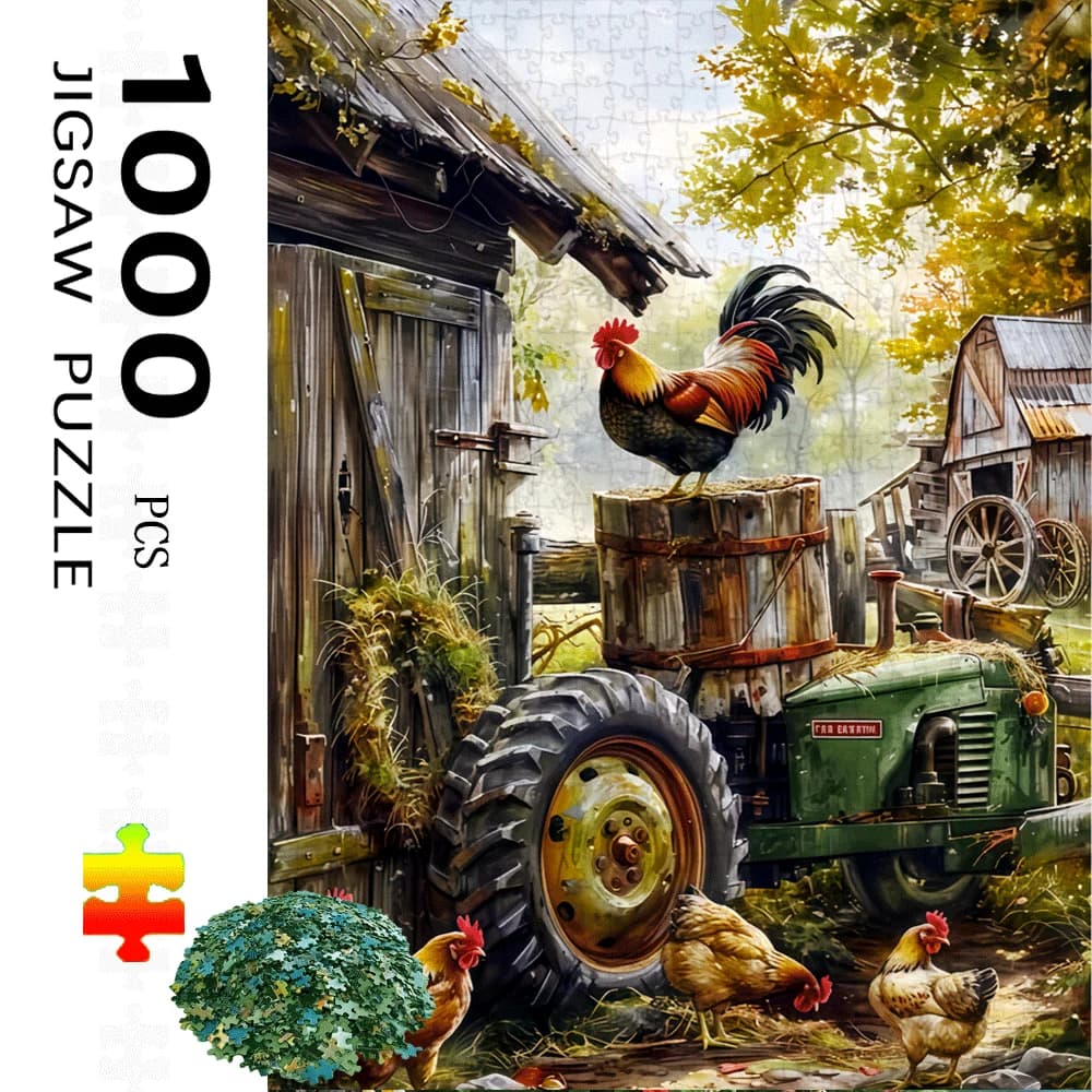 Puzzle da 1000 pezzi per adulti - Scena rustica di fattoria con gallo, galline, trattore e fienile - Colori vivaci, puzzle impegnativo f