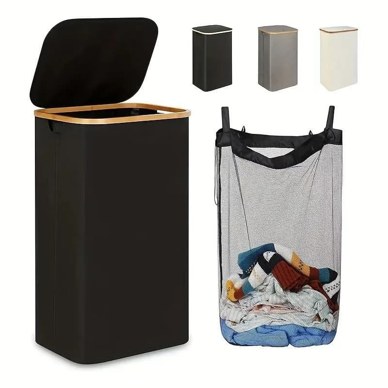 1PC dirty clothes basket with cover and inner bag, 100 litre linen basket, folding linen basket with removable inner bag