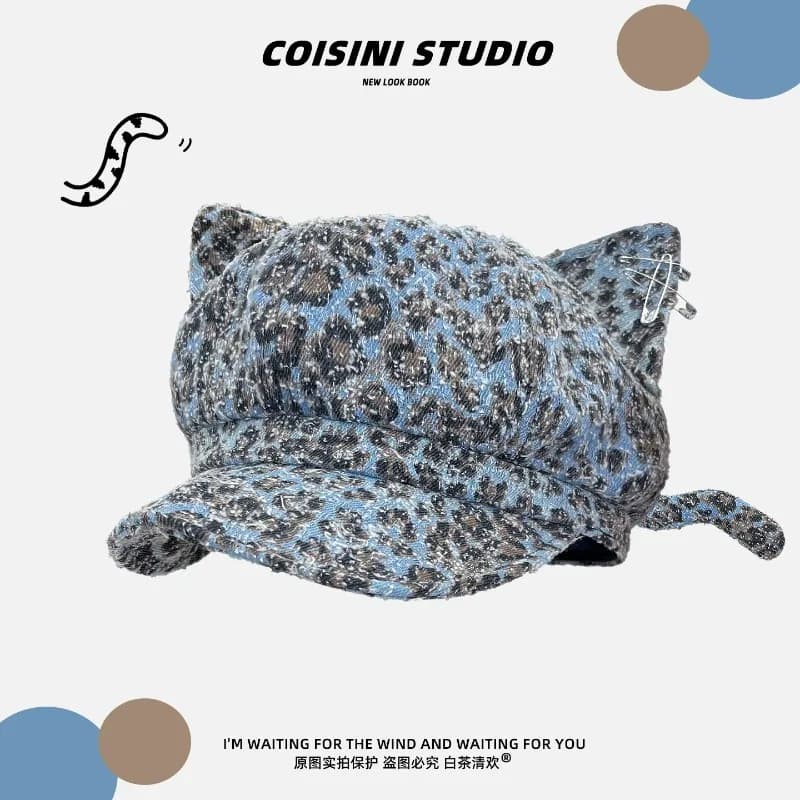 Y2K Fashion Leopard Cat Ear Berets for Women Summer Autumn Travel Sunscreen Versatile Show Face Small Personality Newsboy Hat