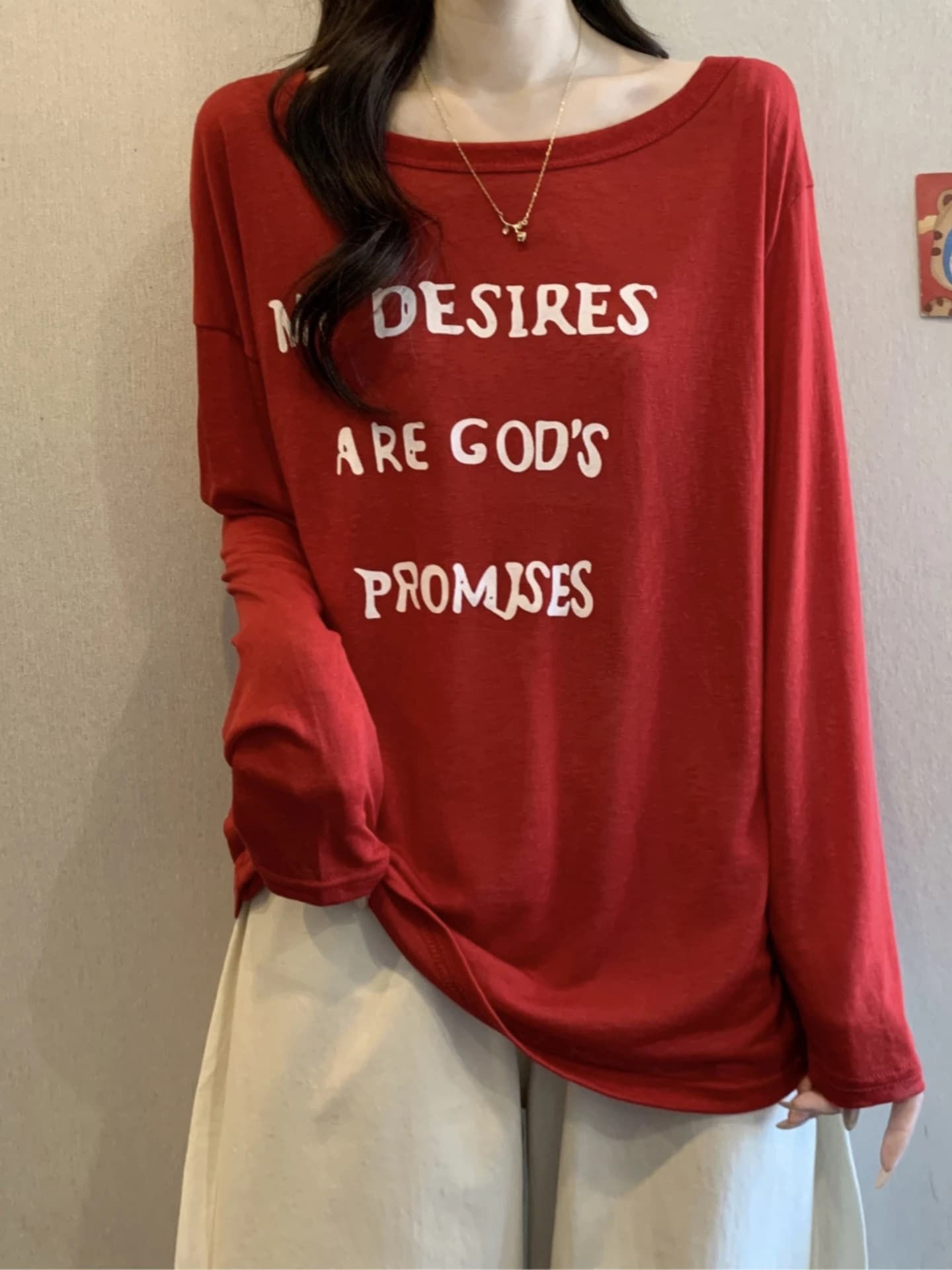 Red Letter Print Long Sleeve T-Shirt Women's Spring Autumn plus Size Conceals Belly Base Shirt Korean Style Loose Fit