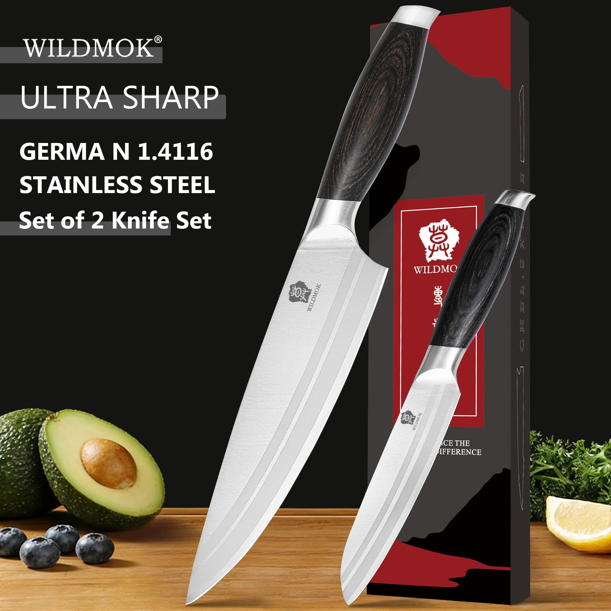 WILDMOK 2 Piece Kitchen Knife Set, German Stainless Steel, Chef & Utility Knife with Pakkawood Handle