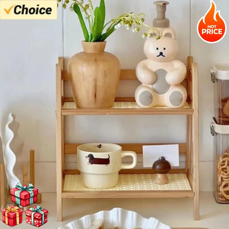 Scaffale portaoggetti a 2 livelli stile crema, organizer da scrivania effetto rattan per cucina, bagno, porta trucchi