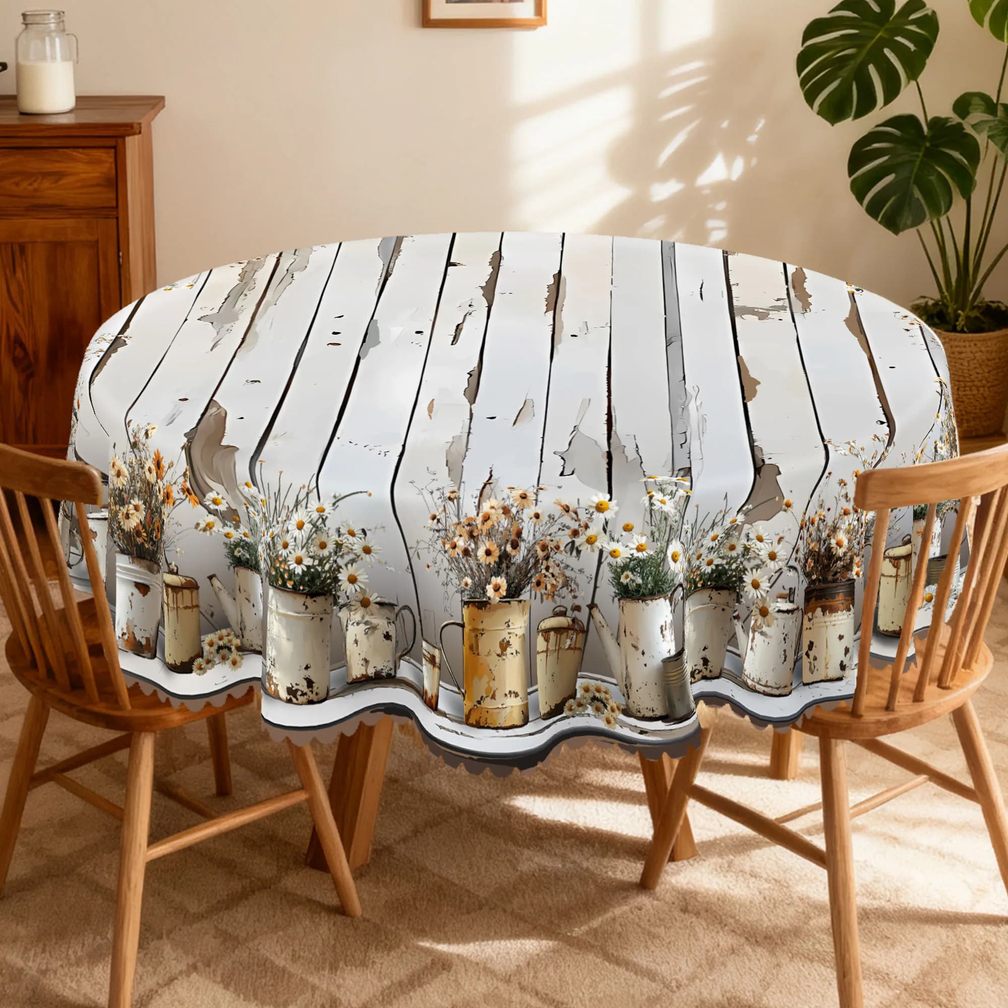 1 Pezzo di Tovaglia Floreale in Stile Wabi-Sabi Effetto Legno Invecchiato, Disponibile in Varie Misure, con Texture Simile a Quella di Vecchi Pannelli di Legno con Vernice Bianca Effetto Scrostato, Abbinata a una Tovaglia Stampata con Margherite Sfalsate e Vasi in Ferro con Fiori Secchi, con Bordi Goffrati, Adatta per l'Uso Quotidiano in Sale da Pranzo, Picnic in Giardino e come Decorazione Domestica per Tutte le Stagioni, Arredamento Pastorale Wabi-Sabi