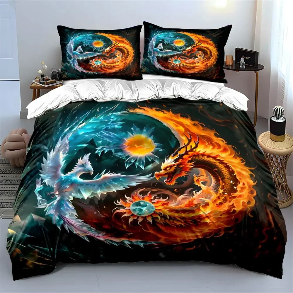 Set di biancheria da letto con design drago di fuoco e ghiaccio, con 1 copripiumino e 2 federe, singolo, matrimoniale, king, queen, regalo