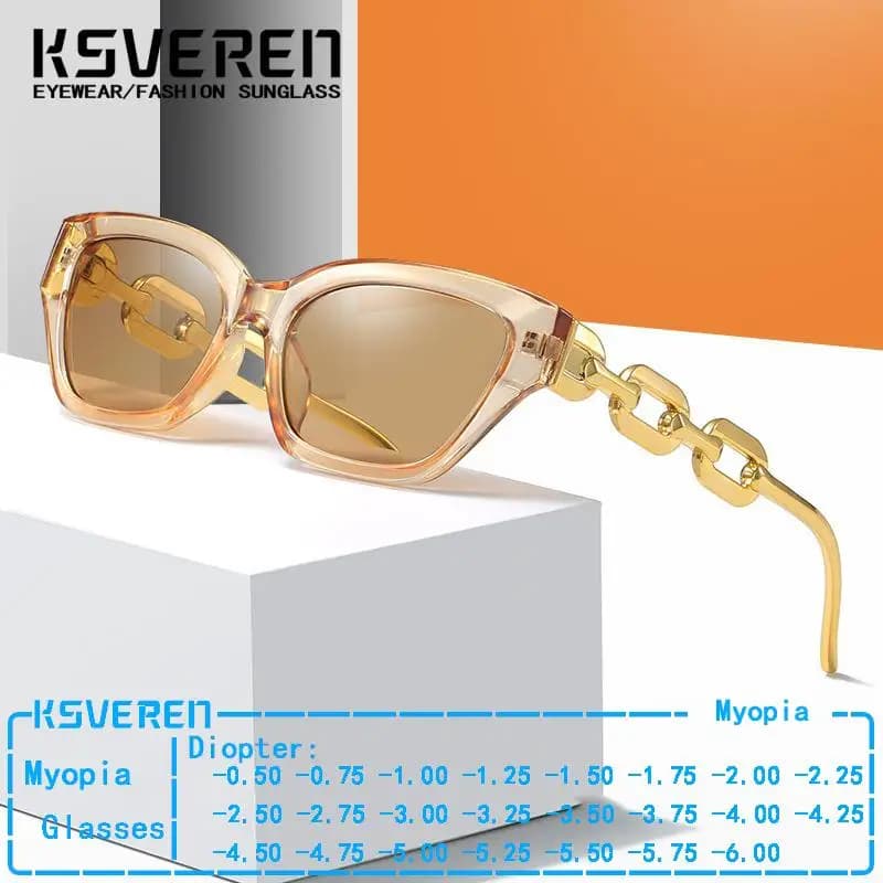 Occhiali da sole con lenti per miopia Cat Eye Occhiali da sole da donna con gambe a catena di design Occhiali miopi da vista colorati Occhiali da guida per esterni