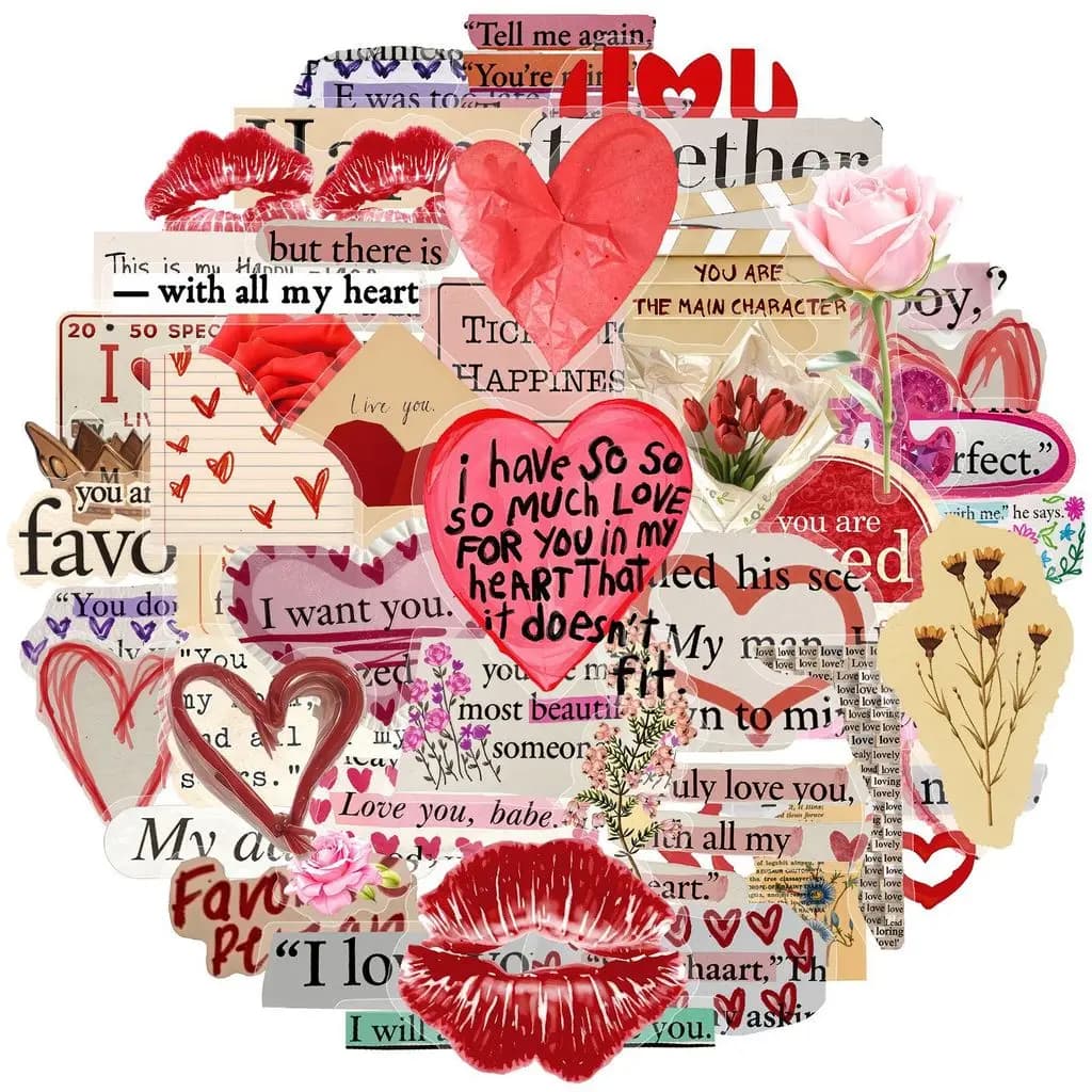 50 Adesivi in PET per San Valentino - Decorazioni Doodle Femminili per Diari e Cancelleria Papery Pop Store