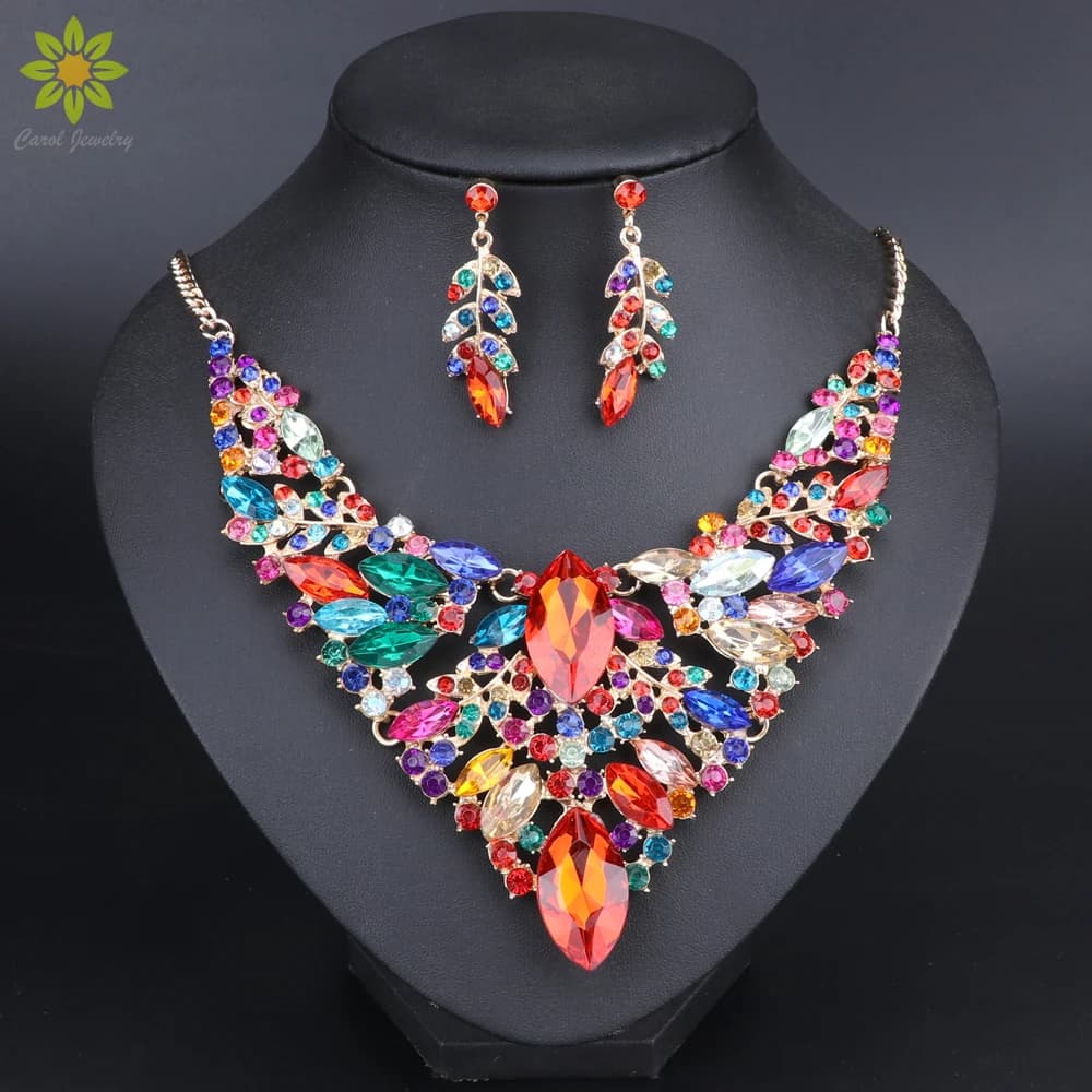 Fashion Crystal Statement Necklace & Earrings Sets for Brides Bridal Jewelry sets Wedding Costume Jewellery Accessories Women