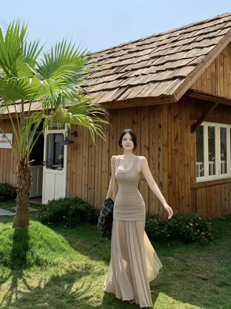 Slim Fit Knitted Khaki Color Dress Women's Summer Slimming Long Skirt Two Piece Set Overlap Wear Commute Style A-Line Skirt