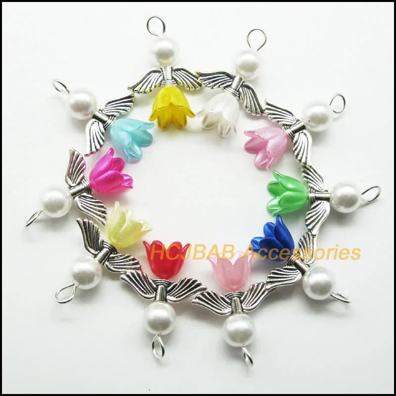 20 New Purity Mixed Acrylic Angel Charms Tibetan Silver Plated Orchid Flower Bell Pendants 22x25mm