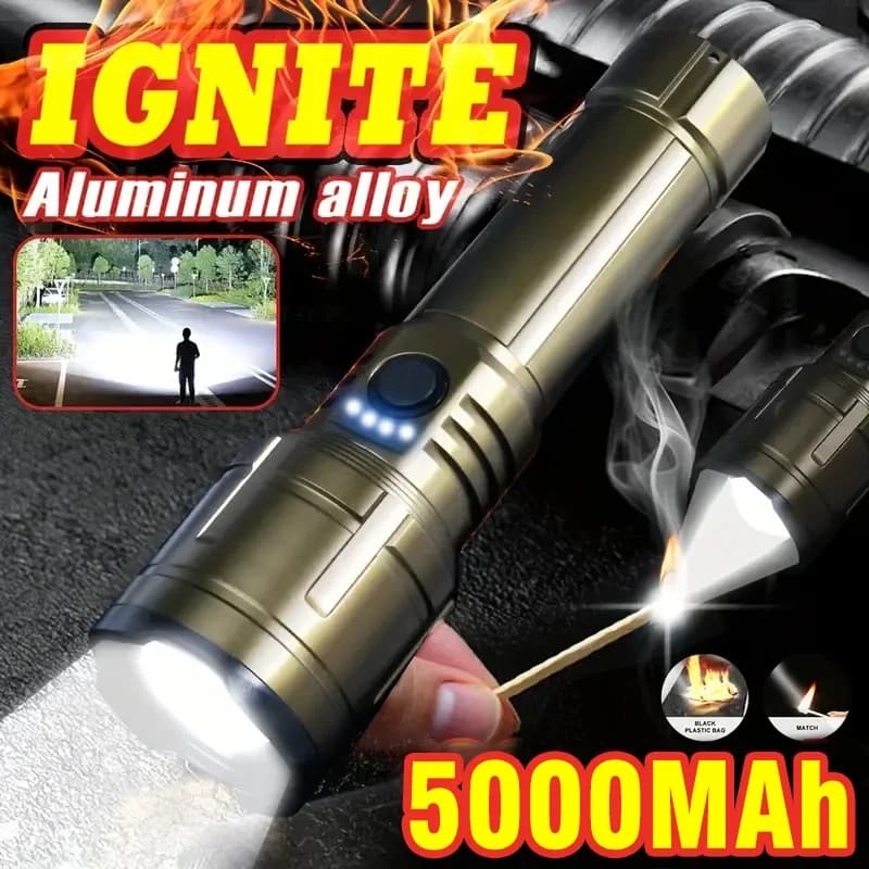 Zoomable light torch with ignition lens, rechargeable camping torch with 5 mode power banks for outdoors, emergencies, New Year's gift